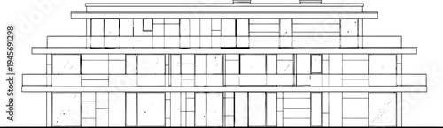 A black and white architectural drawing of a building facade isolated on transparent background