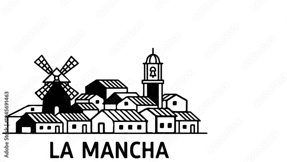 Naklejka premium Stylized village scene with windmill and bell tower