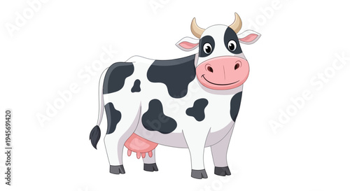 Friendly cartoon cow with black and white spots smiling