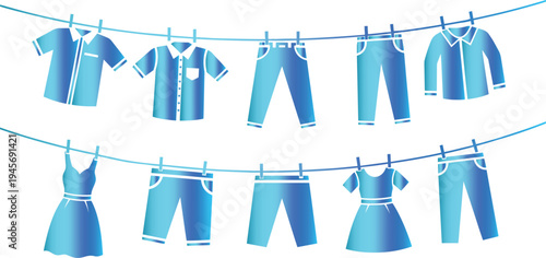 Clothing items hanging on a clothesline with blue gradient colors