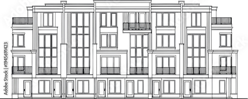 Architectural drawing of a multi story building isolated on transparent background