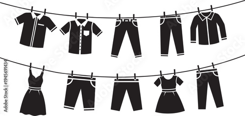Black clothing items hanging on a clothesline