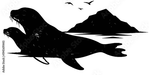 Two seals bask on a shore with a rocky island and birds overhead