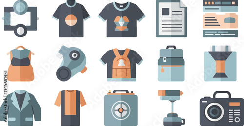Assortment of flat design icons featuring apparel, equipment, and online elements