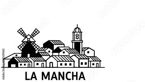 Stylized village scene with windmill and bell tower