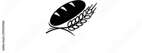 Black abstract loaf of bread with wheat stalk and curves on white