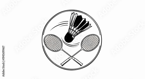 Two badminton rackets crossed behind a shuttlecock in flight within a circle