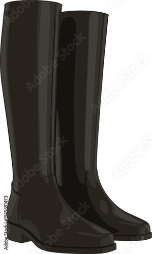 Pair of black rubber rain boots isolated on neutral background, glossy waterproof wellington footwear for rainy weather, farming, gardening and outdoor work protection