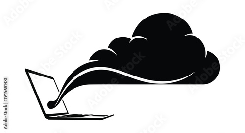 A black silhouette depicts a laptop computer emitting data streams that flow into a large, stylized cloud formation, representing data transfer or storage.