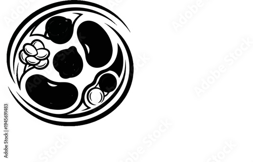 Black and white circular design featuring beans and a flower