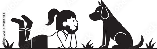 Black silhouette of a girl lying down with a dog