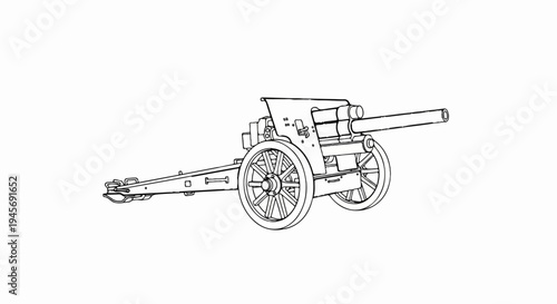 Detailed line drawing of a historical artillery cannon with wheels