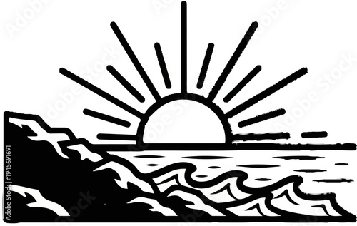 Sunrise over choppy water with rocky shore to the left