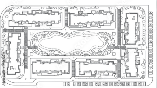 Architectural floor plan with central courtyard isolated on transparent background