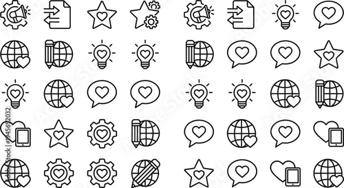 Creative idea and innovation line icon set with lightbulb gear globe chat symbols minimal outline vector illustration collection