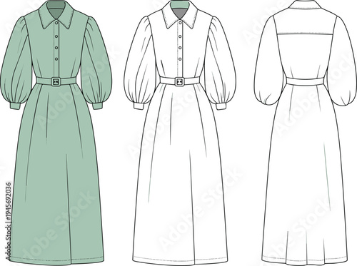 Women long sleeve belted midi dress technical fashion drawing, front and back view vector illustration for clothing design template, apparel mockup and garment production