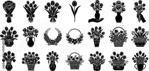 Decorative floral bouquet collection, hand drawn botanical flowers with leaves and berries, elegant line art arrangement for wedding invitation design, vector.