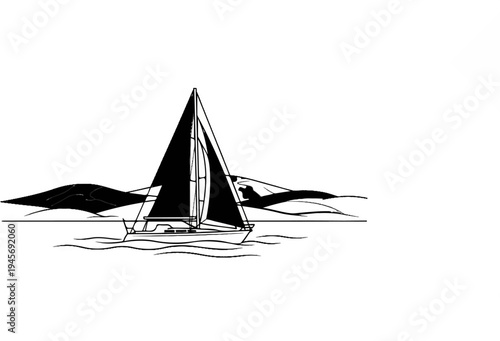 A sleek sailboat glides across wavy water with rolling hills in background