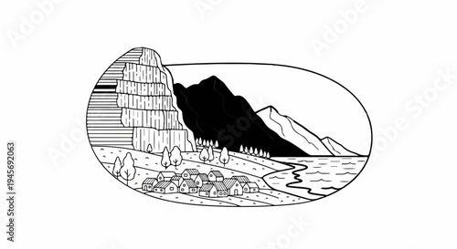 Stylized mountain village scene with houses, trees, and water body