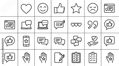 Customer feedback and social interaction line icon set with like review chat rating emoji symbols minimal outline vector collection
