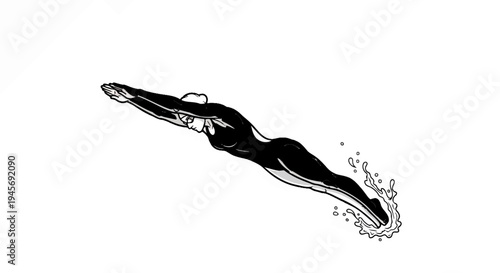 Stylized diver in black suit plunging into water with splash