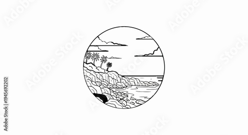 Stylized circular illustration of a rocky coastline with palm trees and clouds
