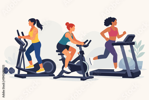 Diverse women working out on cardio machines in a fitness center, featuring an elliptical trainer, stationary bike, and treadmill, flat vector illustration for healthy lifestyle and gym concepts.