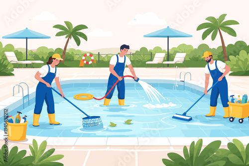 Professional pool maintenance team cleaning a swimming pool in a tropical resort. Flat vector illustration of workers using a net, hose, and brush for water treatment and hygiene services.