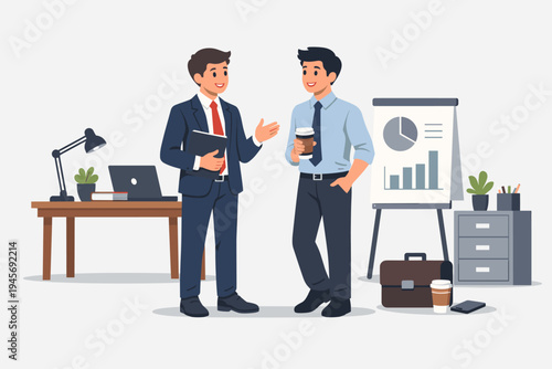 Young Professional Businessmen Meeting and Talking in Modern Office Workspace with Desk, Laptop, Flipchart, and Briefcase; Simple Flat Vector Illustration of Corporate Colleagues Collaborating.