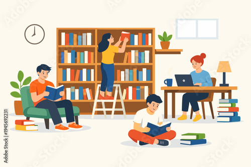 Flat vector illustration of people reading and studying in a library or bookstore. A woman organizes books on a shelf, a man reads on a chair, another on the floor, and a woman works on a laptop.