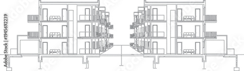 A detailed architectural drawing of a multi story building with balconies isolated on transparent background