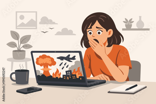 Shocked Woman Watching Bad News on Laptop at Home, Flat Vector Illustration of Female Character Feeling Fear and Anxiety While Doomscrolling War Reports and Global Crisis Information on Screen.