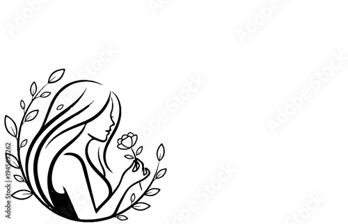 Woman's profile framed by leaves, holding a single flower