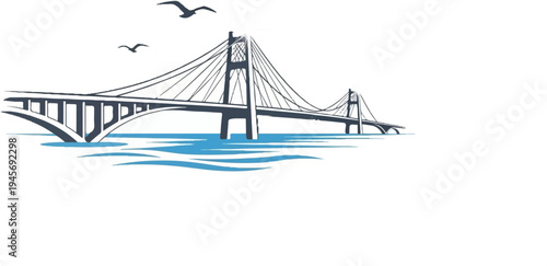 Stylized suspension bridge spans blue water with two birds in the sky