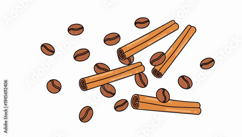 Aromatic coffee beans scattered amongst cinnamon sticks