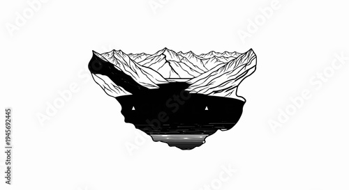 Stylized black and white mountain vista with a dark, calm lake