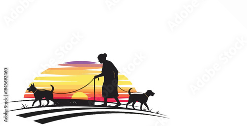Silhouette of elderly person walking dogs at sunset with striped horizon