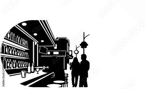 Black and white silhouette of a bar interior with people and shelves of bottles