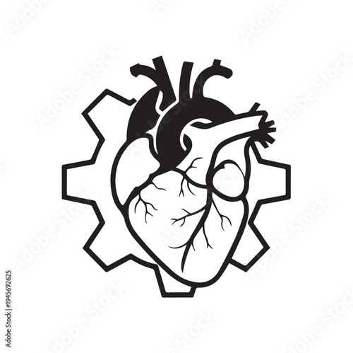 Anatomical Human Heart and Gear Icon for Medical Technology