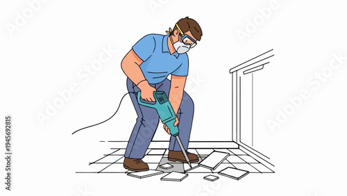 Construction worker demolishing floor tiles with a jackhammer