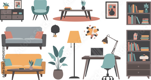 Cozy interior elements including sofas, chairs, tables, lamps, and bookshelves