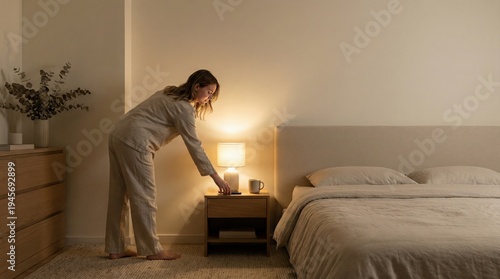 Woman turning off bedside lamp in bedroom before sleep, calm evening routine and cozy home lifestyle.