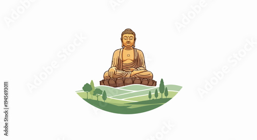 Serene Buddha statue sits atop a lush green landscape with rolling hills and trees