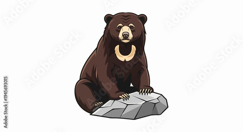 Stylized brown bear with light chest marking sits on grey rock