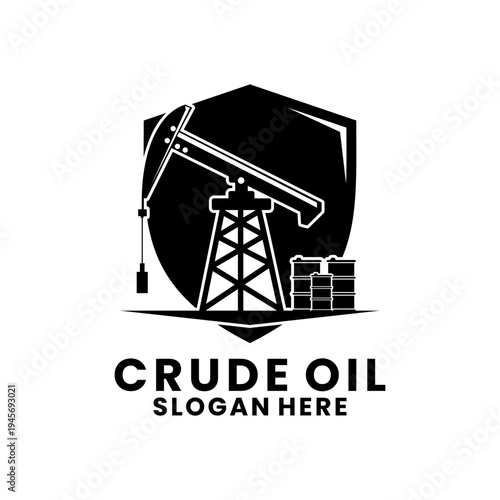 Crude Oil Pumpjack Logo Icon vector. Crude Oil protection with shield logo design
