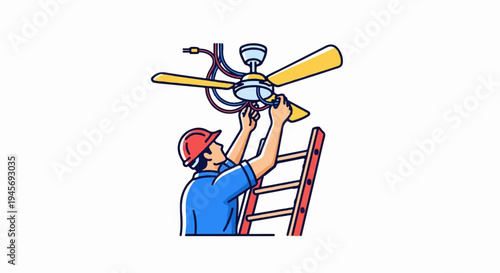 Electrician installing ceiling fan with ladder, wires, and tools