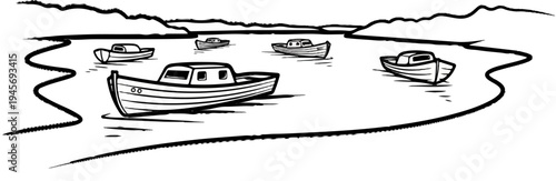 Several boats moored in a calm bay with hills in the background