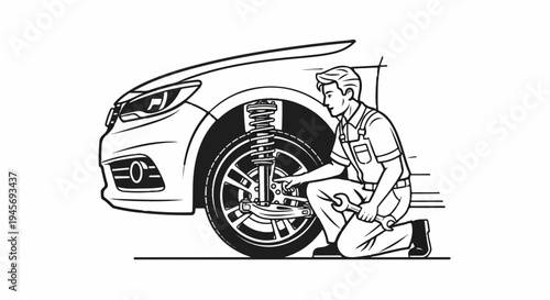 Mechanic inspecting car suspension with wrench
