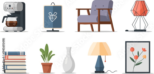 Minimalist interior elements coffee maker, framed art, chair, lamps, books, vase, potted plant