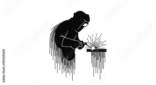 Welder in silhouette performs arc welding with bright sparks, illustrating the intense work involved in metal fabrication, a vital process for heavy industry and construction projects.